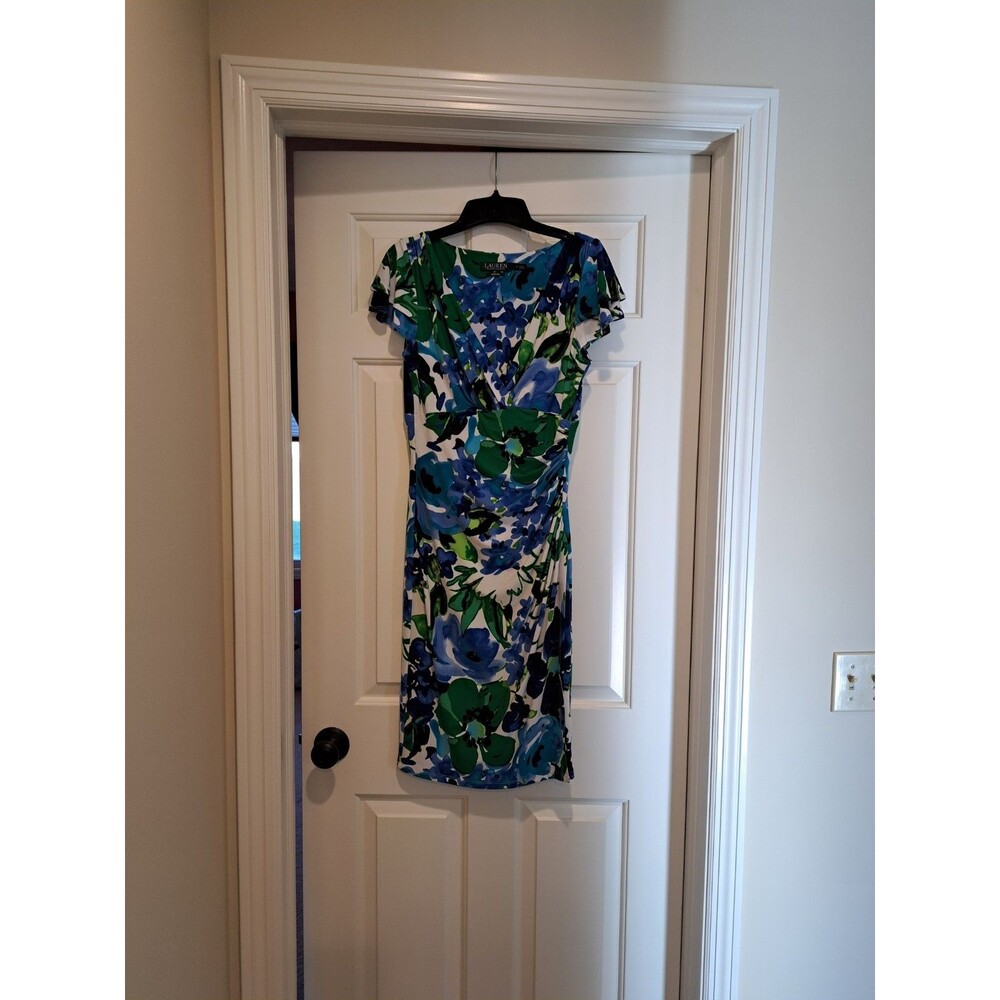Lauren Ralph Lauren Women's Blue/Green Floral Dress w/ Side Gather Sz 4 Stretch